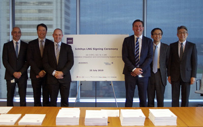 McDermott and BHGE were awarded a joint URF and SPS solution for the Ichthys LNG field development. Shown from left to right at the contract signing were William Calligeros, McDermott Country Manager Australia, NZ & PNG; Derek Price, BHGE Regional Sales Leader; Graham Gillies, BHGE Oilfield Equipment Vice President; Ian Prescott, McDermott Senior Vice President Asia Pacific; Hideki Iwashita, INPEX Vice President Finance and Technology Services; and Yosuke Ueda, INPEX Vice President Asset Managem